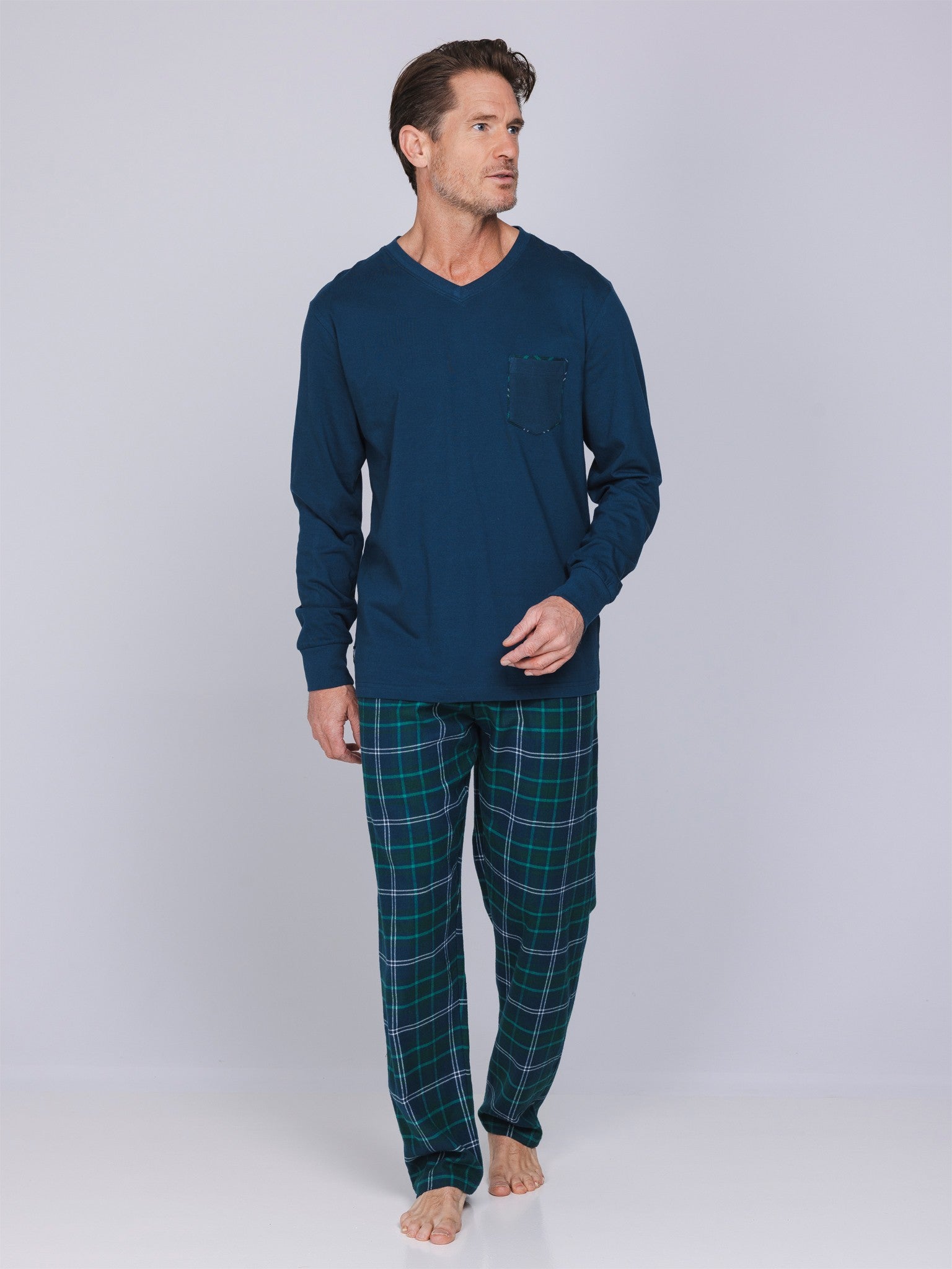 pastunette-lodge-herren-pyjama-blau-flanell-kariert image 4