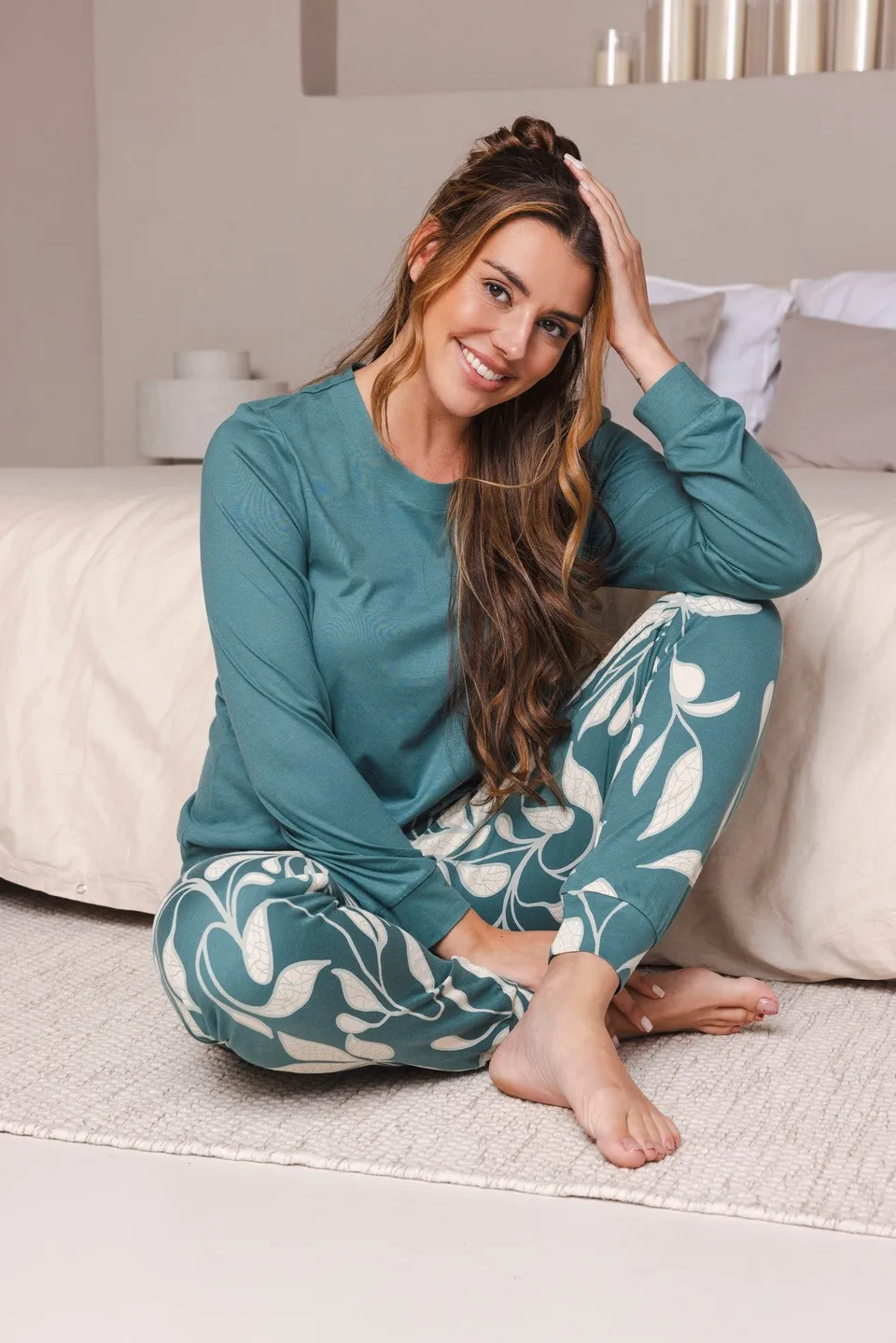 pastunette-nordic-leaf-pyjama-gr-n-baumwolle-modal image 1