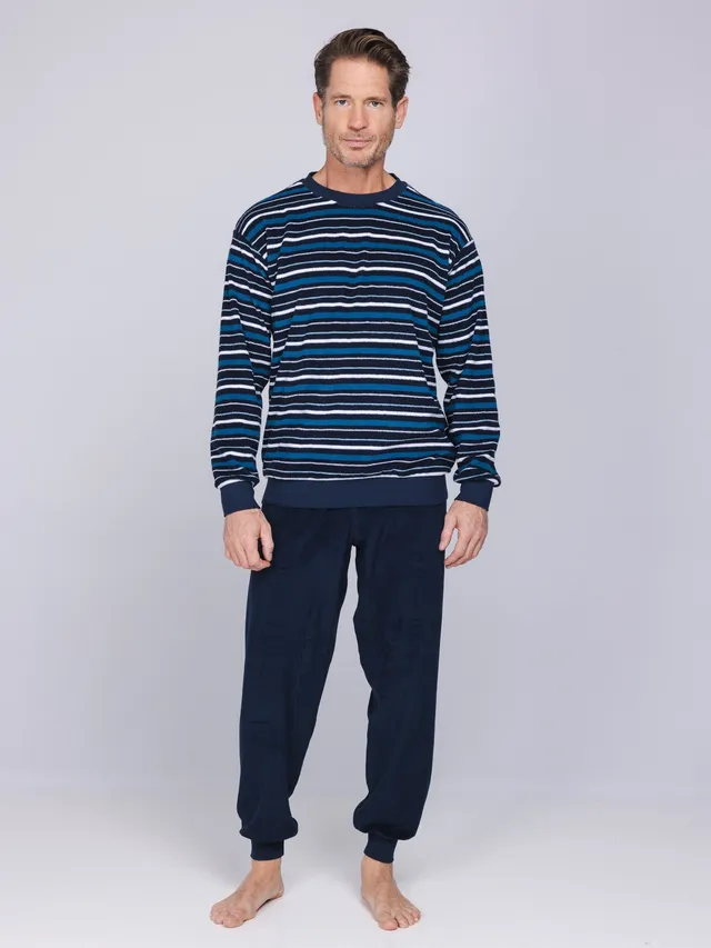 robson-stripes-herrenpyjama-blau-frottee-langarm image 1