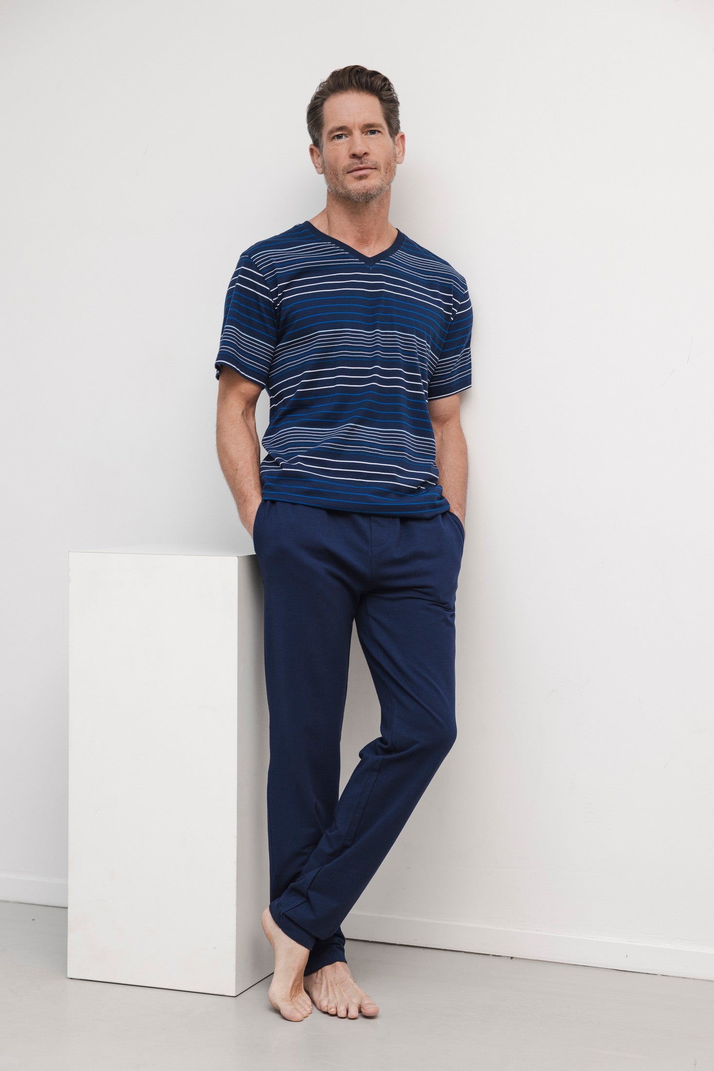 pastunette-pyjama-lounge-shirt-herren-blau-gestreift-baumwolle image 2
