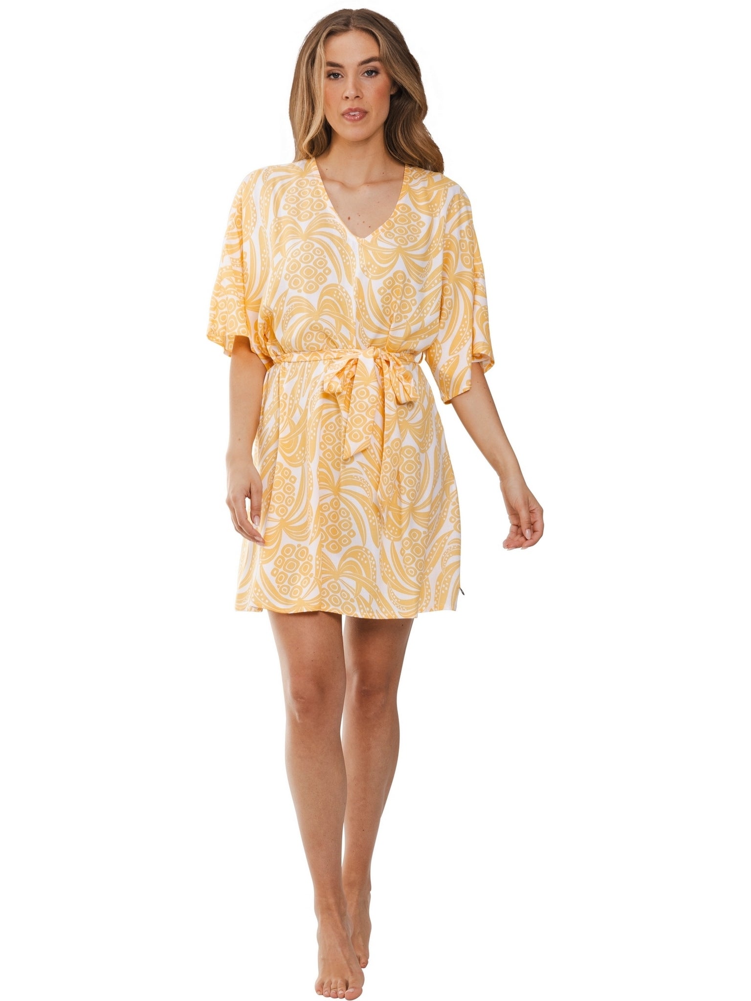 rebelle-tropical-jungle-kleid-gelb-ananas-viskose-v-ausschnitt image 3