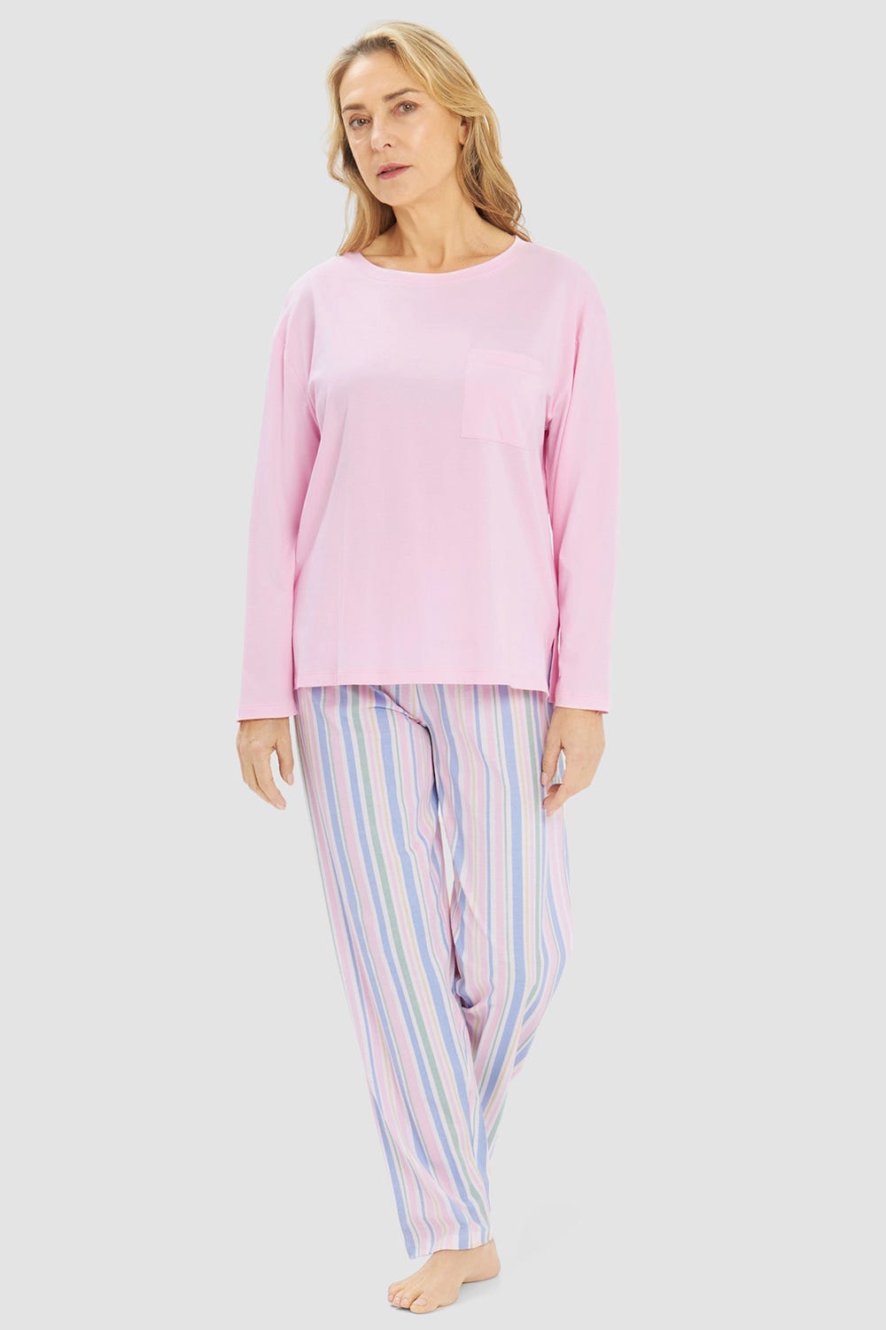 r-sch-be-happy-damen-pyjama-lang-streifen-rosa image 1