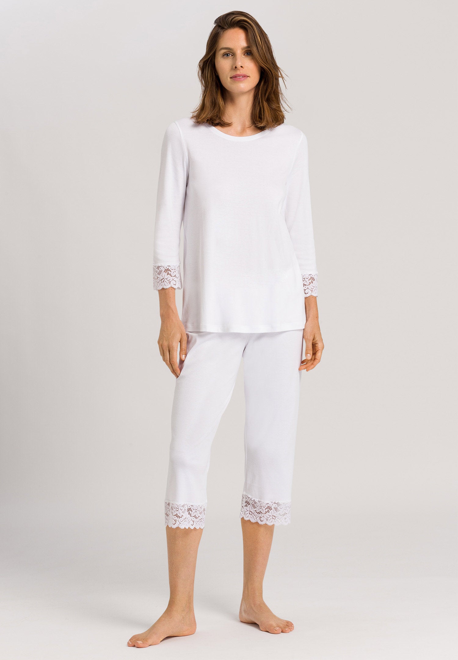 hanro-moments-pyjama-3-4-arm-damen-wei-spitze-baumwolle-set image 2