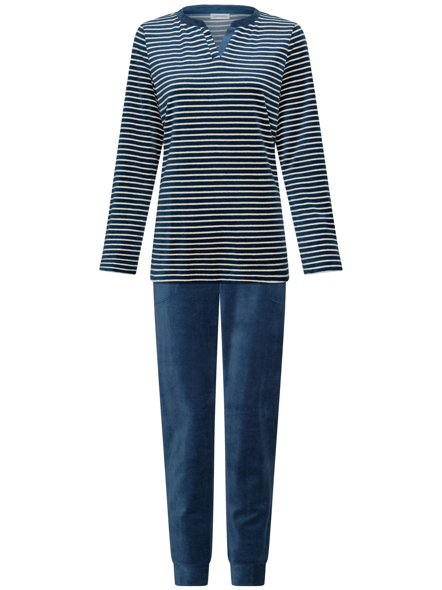 pastunette-nordic-bloom-pyjama-damen-blau-velours-gestreift image 1