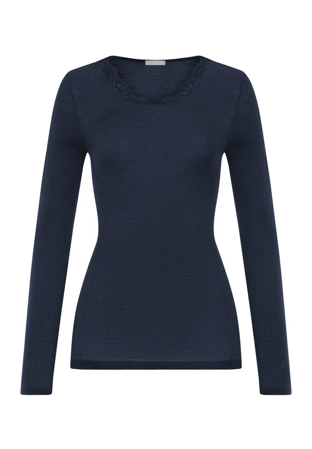 hanro-woolen-lace-langarmshirt-deep-navy-wolle-seide-spitze image 1