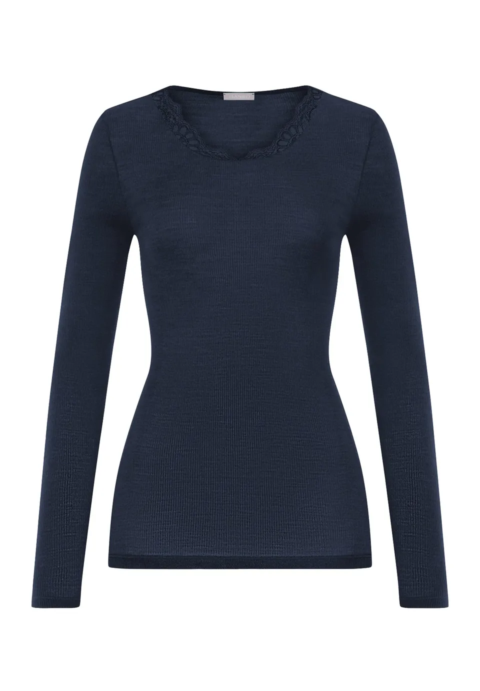 hanro-woolen-lace-langarmshirt-deep-navy-wolle-seide-spitze image 1
