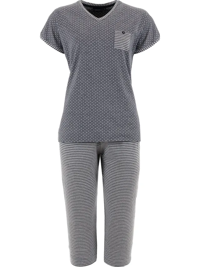 pastunette-pyjama-damen-blau-kurzarm-3-4-hose-baumwolle image 1
